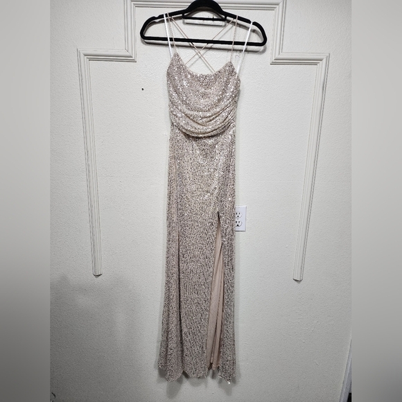 Lulus Evenings of Elegance Silver Sequin Lace-Up Maxi Dress M Wedding Party Prom - Picture 6 of 9
